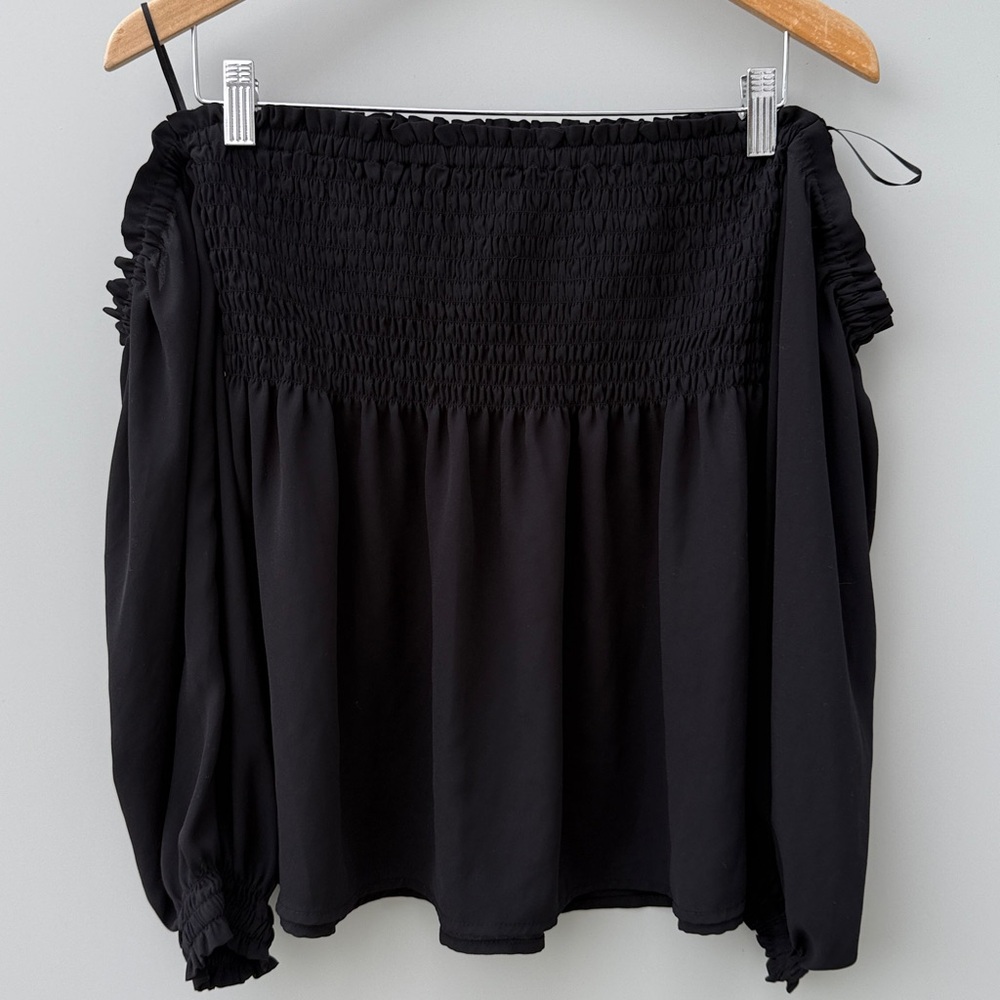 Express Baby Doll Ruched Black Off The Shoulder Y2K Top  Small - Picture 2 of 6